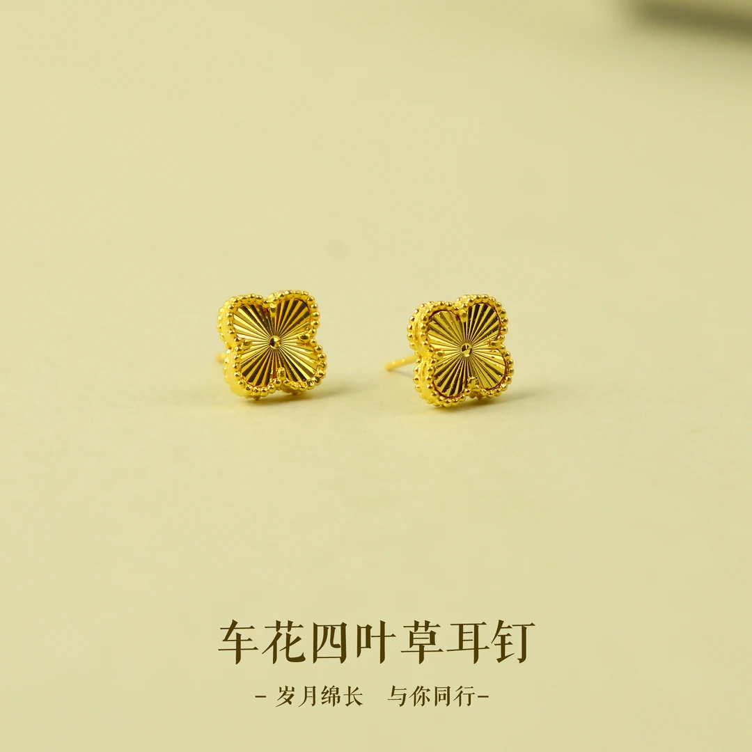 足银耳饰 车花四叶草耳钉耳饰耳环经典古风精致气质女款精美
