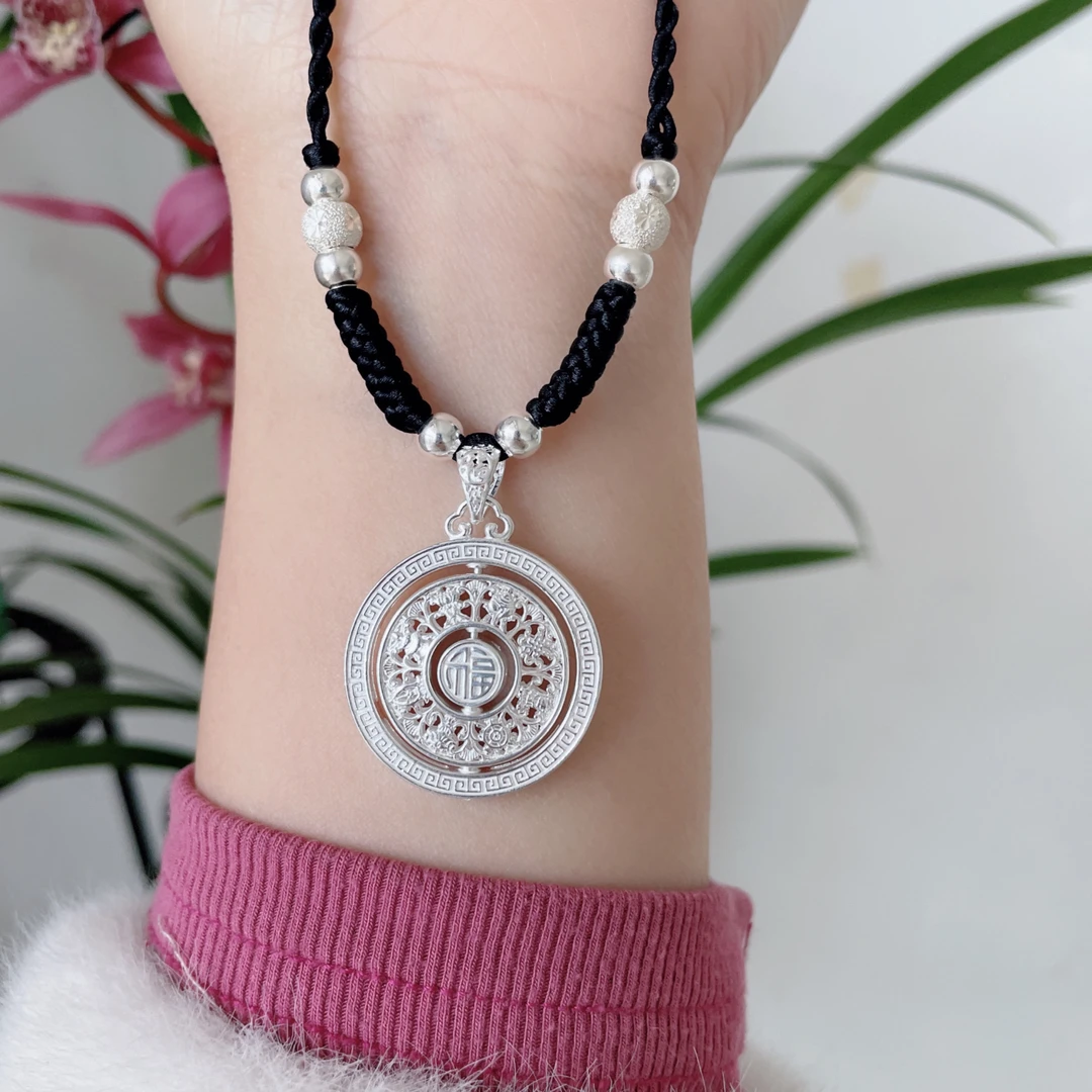 吊坠足银 足银999新款八宝罗盘可转动时尚男女纯银吊坠