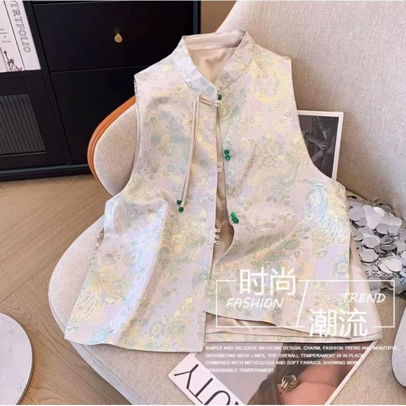 南风意--2025时尚休闲百搭中式复古提花无袖立领流苏马甲