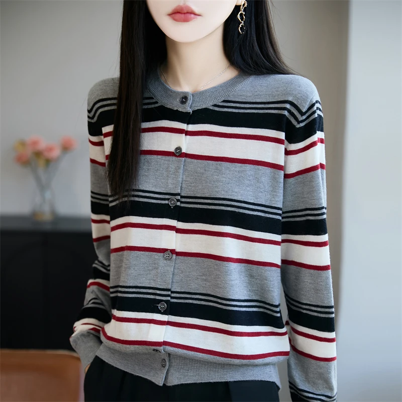 哥弟阿玛施正品法式羊毛条纹针织开衫女外套薄毛衣25新款洋气减龄
