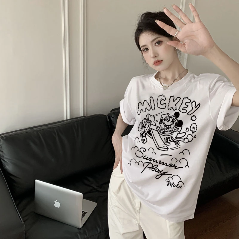 米奇夏装潮牌百搭T恤洋气女装ins港风高级感纯棉短袖中长款情侣装