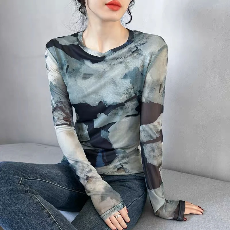 欧货网纱水墨复古印花打底衫女春秋新款修身百搭洋气长袖恤上衣