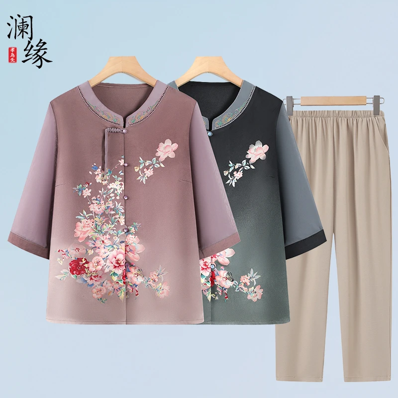 老年人夏装七分袖中老年人衬衫上衣国风奶奶装宽松衣服洋气老太太