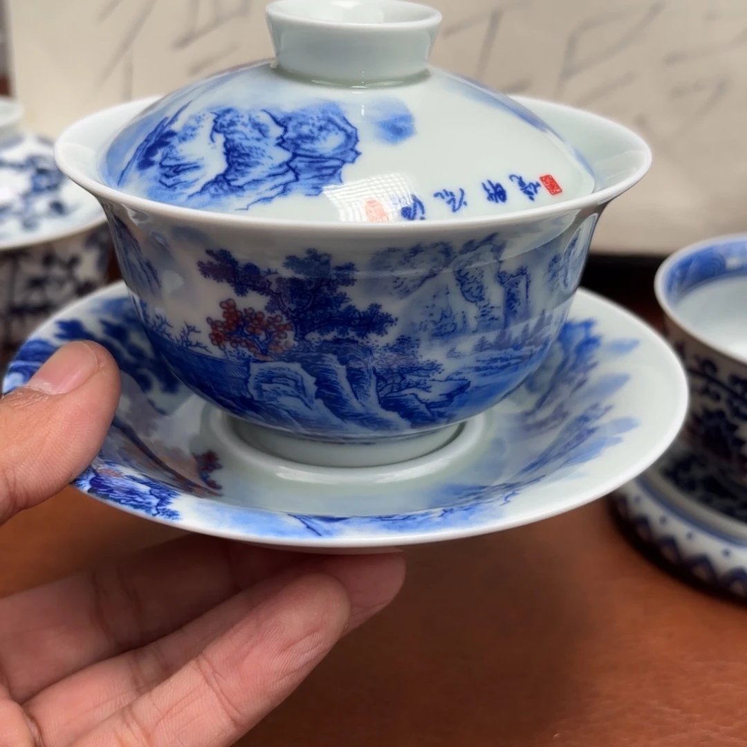 摆件陶微瑕三才山水盖碗景德镇发货