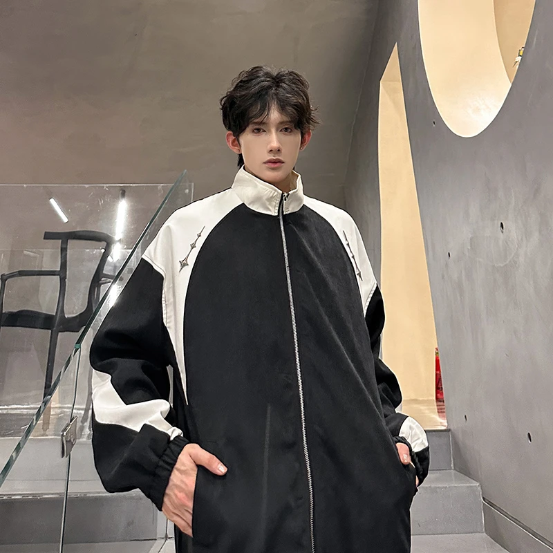 H-75立领撞色拼接外套男款秋季高级感休闲开衫棒球服潮牌痞帅夹克
