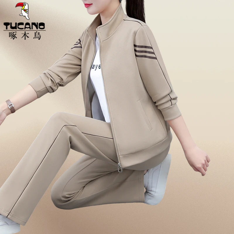 啄木鸟跑步运动套装女晨跑服时尚洋气春款新款女装妈妈三件套