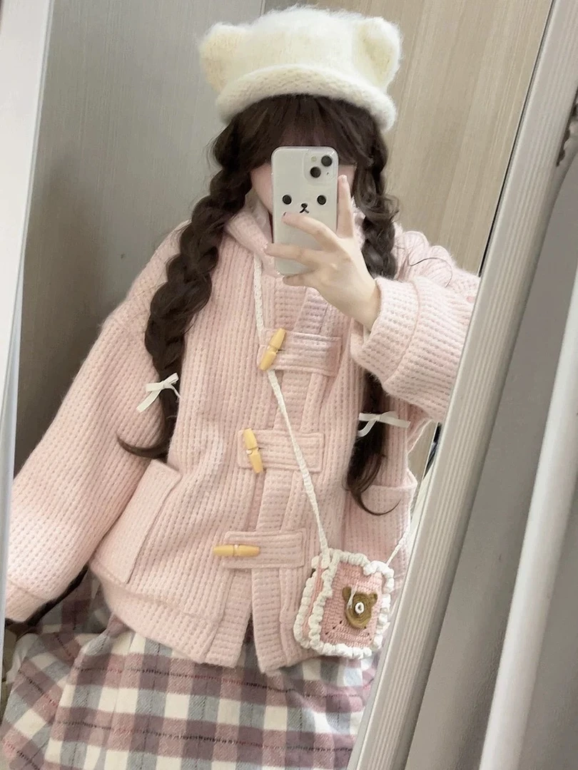 小个子韩系穿搭一整套春季牛角扣连帽开衫外套格纹半身裙子两件套