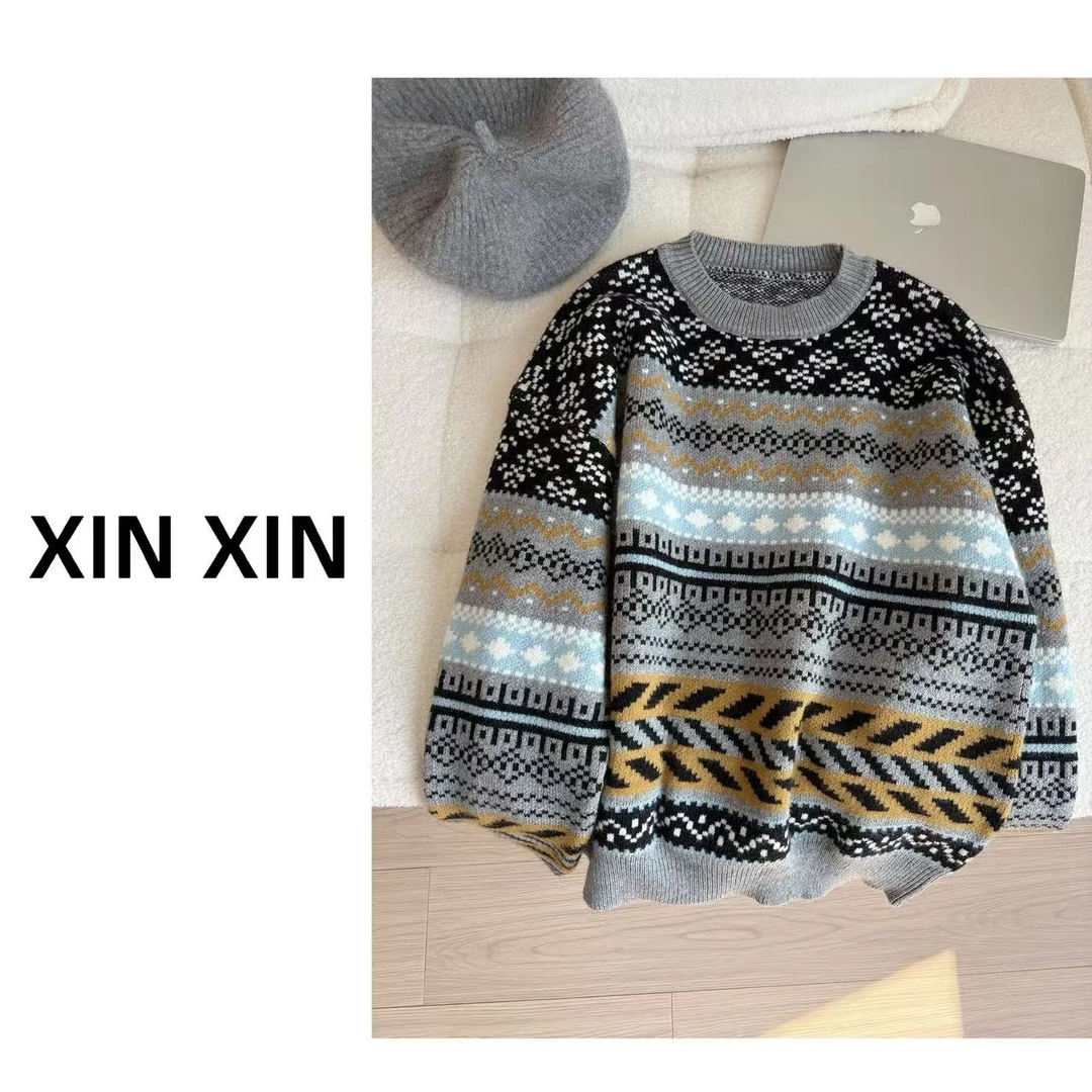 新新家X0116-秋季圆领套头款长袖提花毛针织衫上衣套头衫秋冬