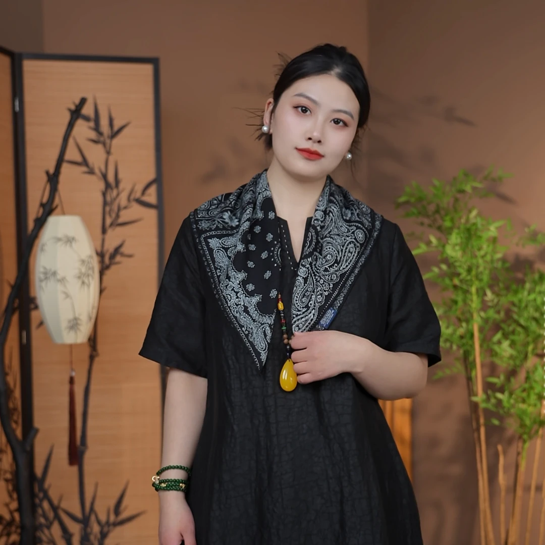 云罗【黑白腰果】新款桑蚕丝方巾真丝新中式披肩送妈妈母亲节礼物