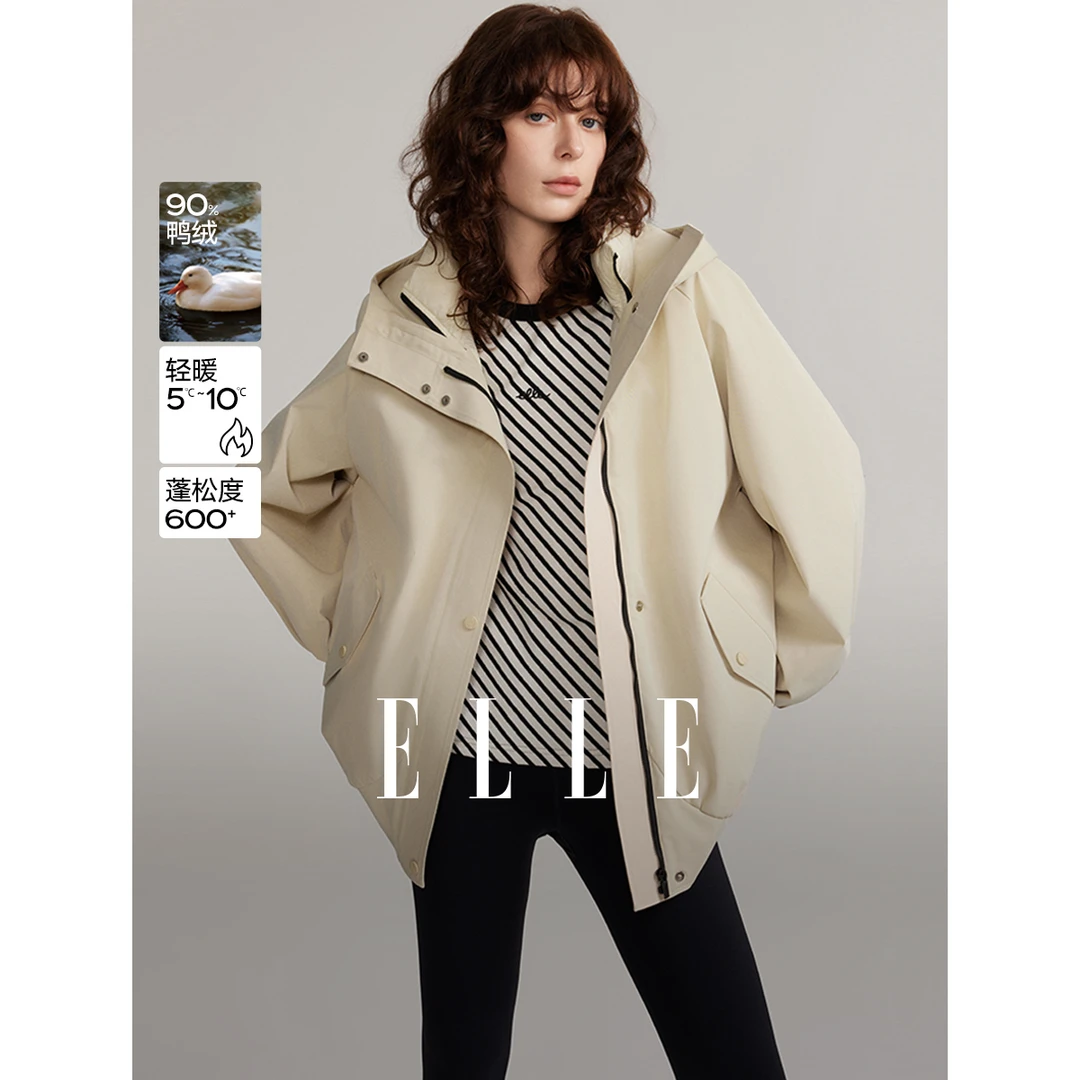 【赵老板专属】ELLE连帽羽绒服2024冬新款雅丹风休闲百搭EY49410