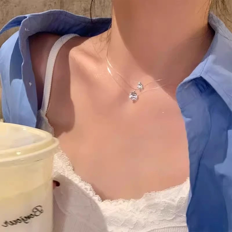 钛钢项链 人鱼之泪~爆闪锆石鱼线隐形项链女轻奢高级感锁骨链配饰