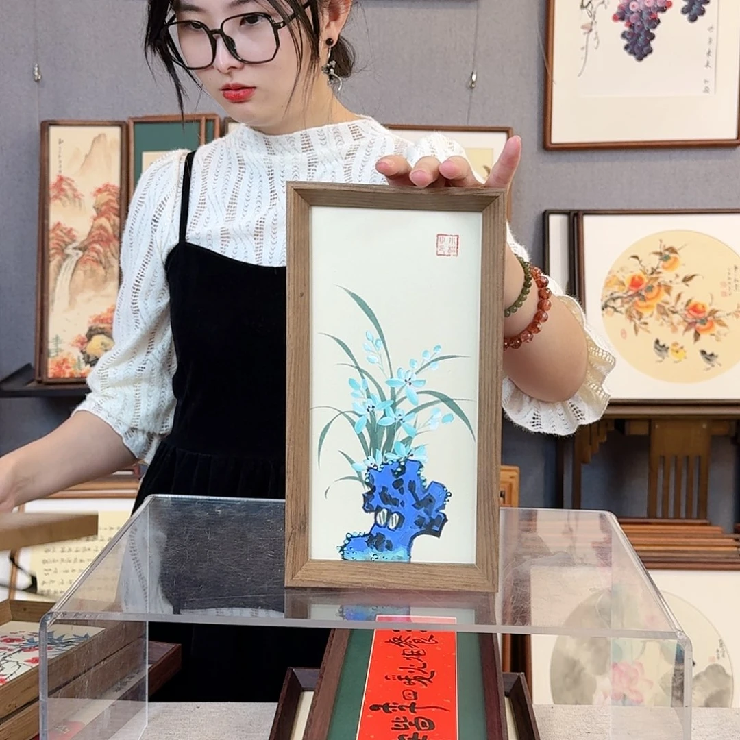 国画纯手绘，纯手写带框尺寸：16×29厘米