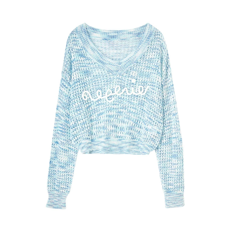 时尚V领撞色镂空花纹设计字母贴花装饰短款弹力针织衫54034