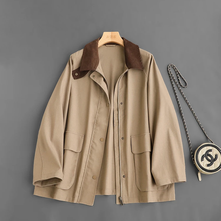 撞色翻领宽松一手长外套夹克风衣女春