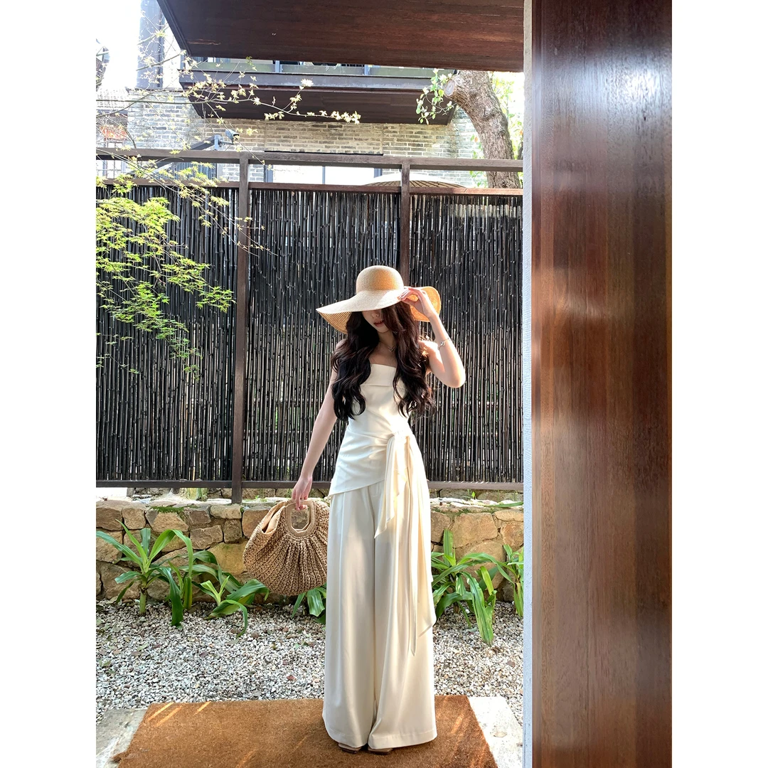 【达人专属勿拍】ICELOLLY【米兰假日】一字肩抹胸上衣女夏阔腿裤套装