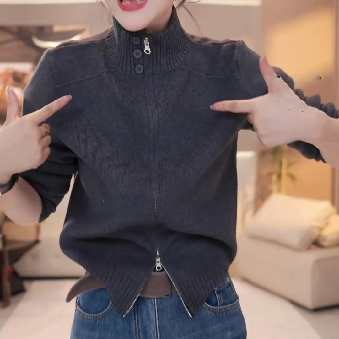 2024秋冬新款设计感立领纽扣双拉链气质百搭针织上衣LK2501022