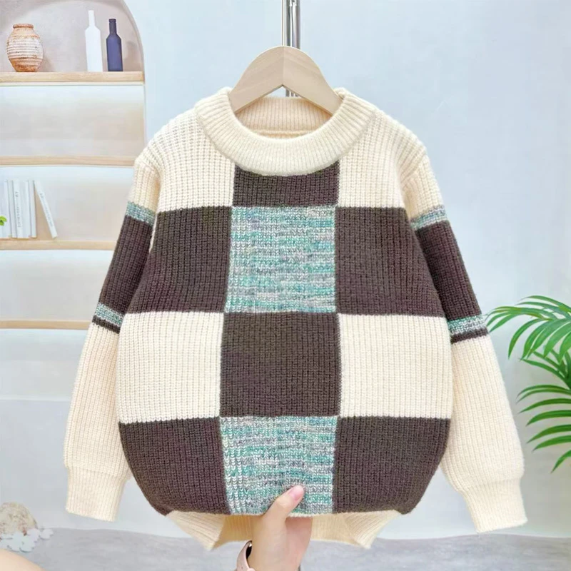 中大童加厚毛衣格子套头拼色针织衫2025新款时尚百搭打底秋冬潮款