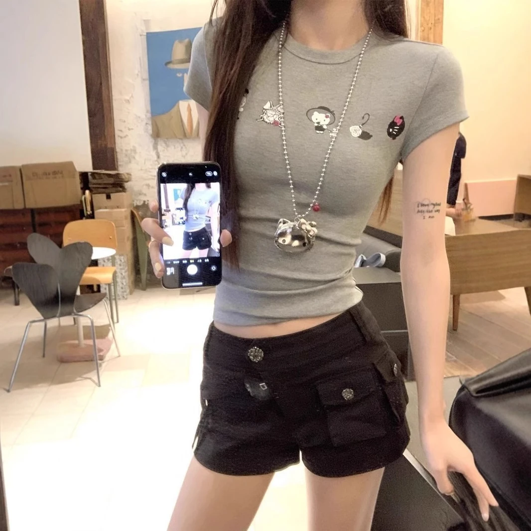 辣妹卡通kitty猫印花短袖女夏季小众别致正肩T恤收腰显瘦短款上衣