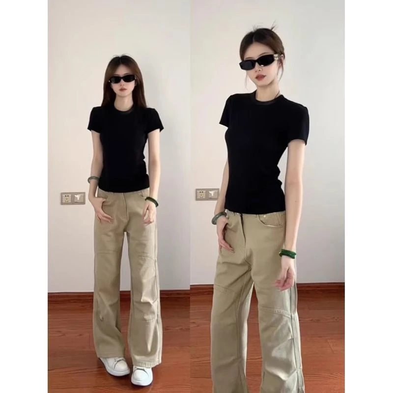 拉夏贝尔黑色正肩短袖T恤女夏季修身显瘦基础款百搭纯色圆领上衣