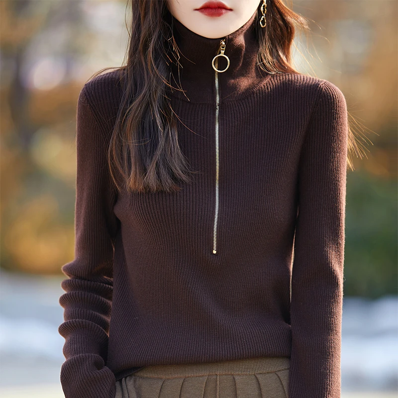 轻奢时尚~精仿羊毛针织衫女半开领设计拉链针织打底衫SY-24008