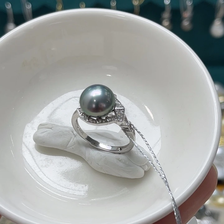 戒圈海水珍珠银S925镶嵌大溪地9-10mm 18号