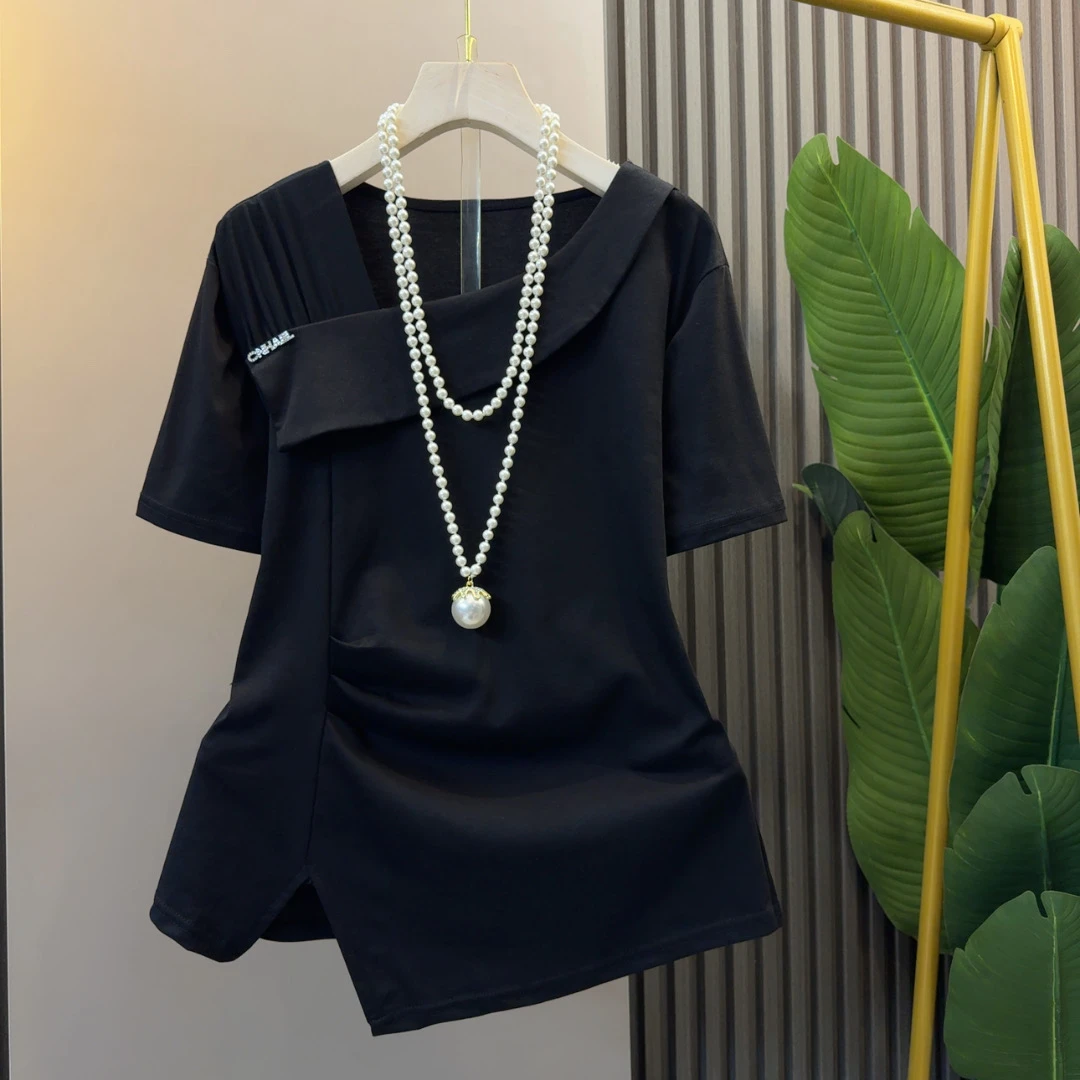 欧洲站轻奢气质修身显瘦女神衫衣长60左右时尚休闲小众设计感T恤