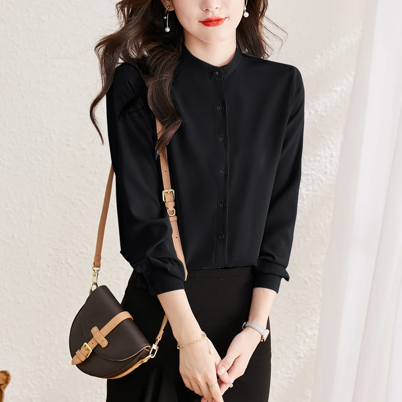 长袖立领衬衫女2025年春秋季新款复古秋装上衣女通勤简约衬衣1610