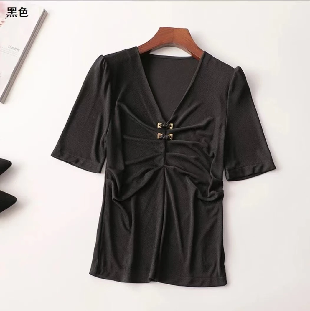 【C383】夏中长款五分袖V领上衣