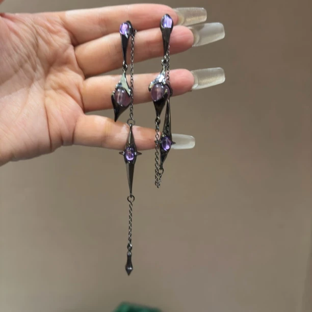 铜合金合成锆石耳饰 15603耳环手工百搭长款紫色