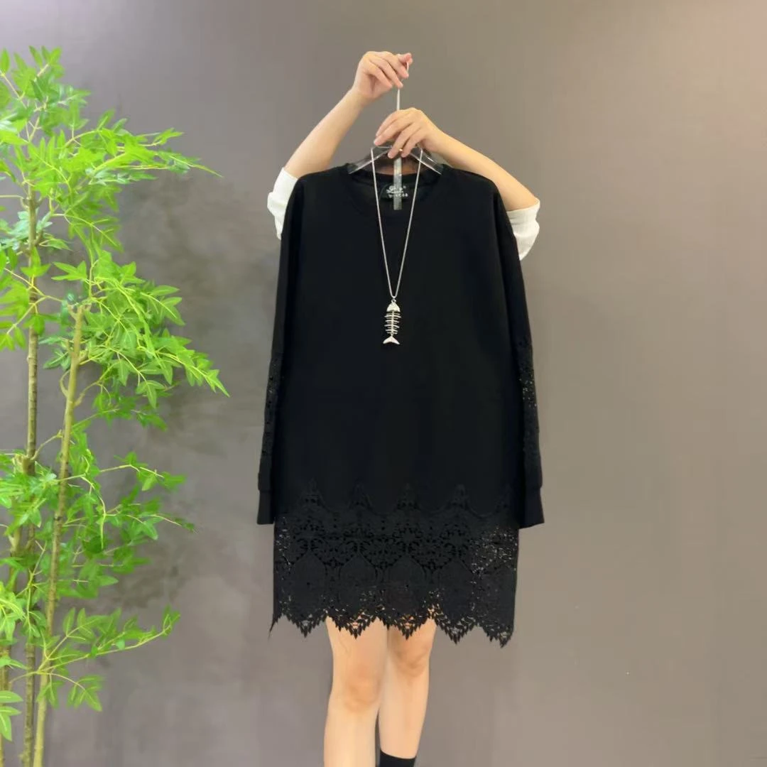25398秋新款欧货宽松设计感简约大码蕾丝拼百搭气质显瘦上衣T恤