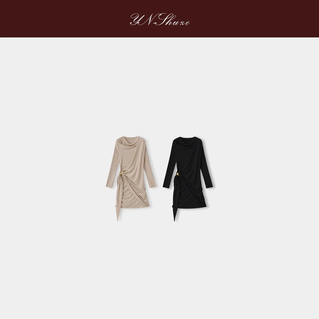 YN-SHUZE【谱写优雅】设计师不规则收褶长袖连衣裙SZ-YNC-2025557