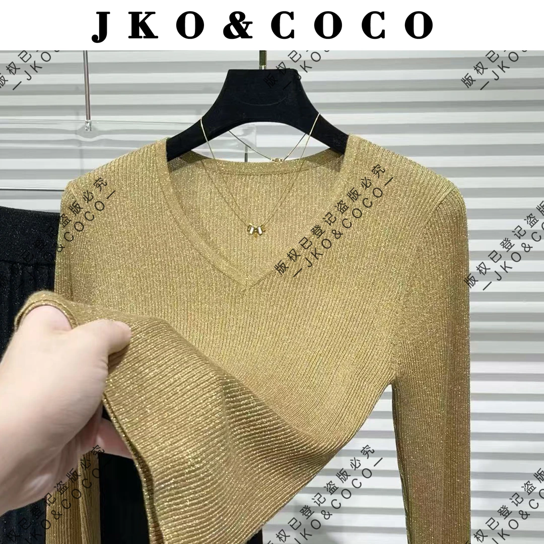 JKO&COCO【恋人】早秋气质百搭进口水晶纱 修身显瘦 V领 针织衫