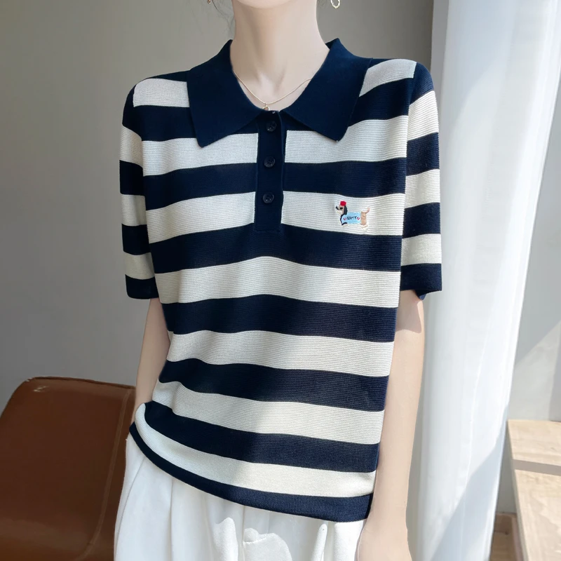 2025夏季条纹设计感小众撞色莱赛尔天丝小狗刺绣翻领宽针织衫薄款