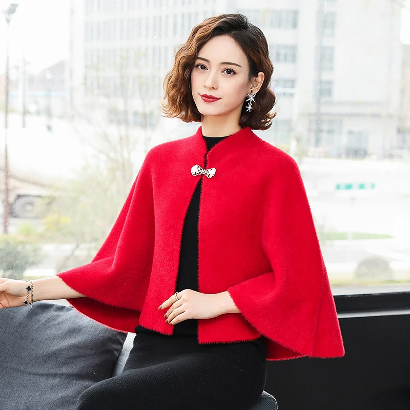 水貂绒斗篷披肩外套女短款秋冬加厚保暖外套搭配旗袍婚庆百搭披风