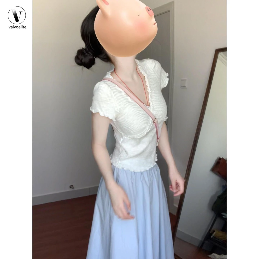 VALVOELITE法式修身木耳边短袖体恤女夏季短款高级感正肩上衣潮流
