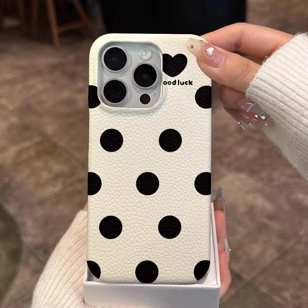 奥菲顿ins爱心黑波点适用iPhone16/15pro皮革纹手机壳苹果13/12套