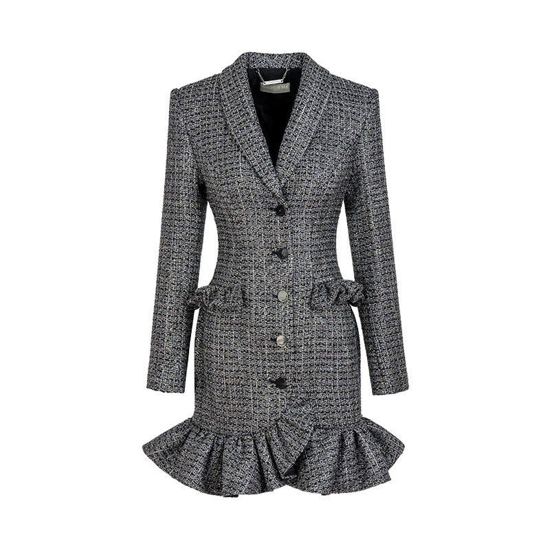 MAGGIE MA马婧设计师款复古气质单排扣收腰显瘦荷叶边连衣裙183D