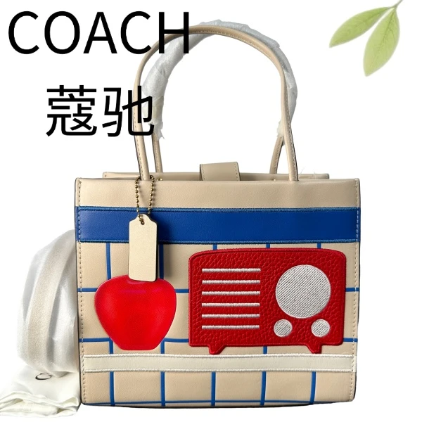 99新 COACH/蔻驰 奶茶色印花手提斜挎包G25127635底长22X19