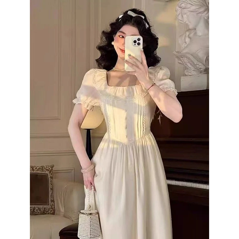 （80-200斤）法式气质甜美风泡泡袖连衣裙夏季新款重工收腰长裙1802