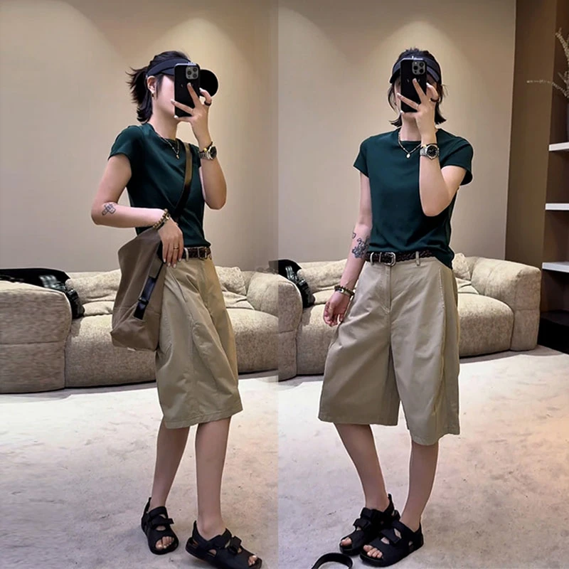 潮流时尚夏装五分裤设计感工装裤搭配短袖上衣时尚网红炸街两件套