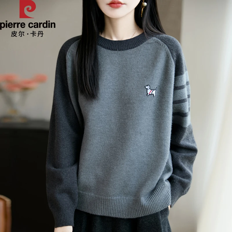 皮尔卡丹新款休闲圆领拼色小狗刺绣针织衫时尚保暖宽松百搭打底女