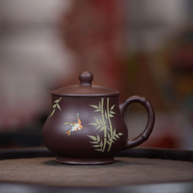 阎记抟砂  竹节葫芦盖杯泥绘竹  EE紫砂S120 0201 1