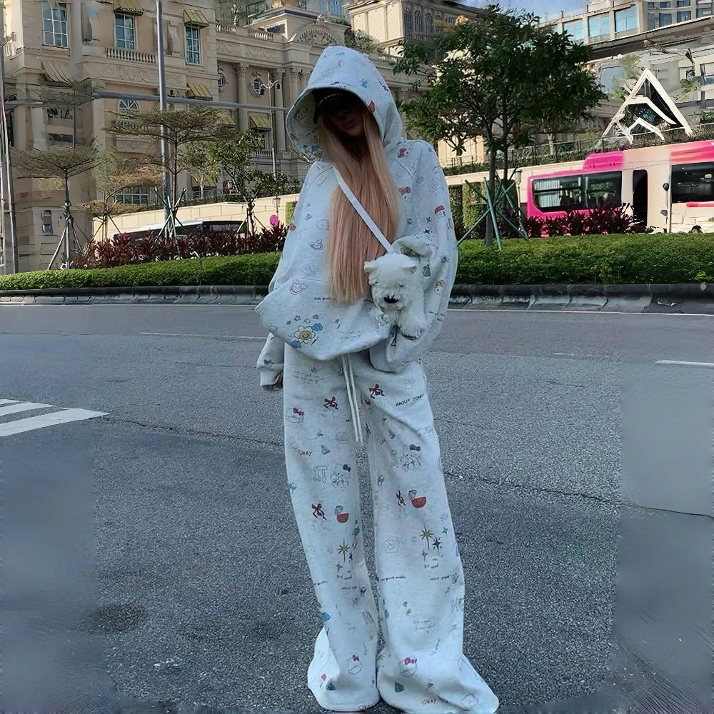 中大童女童套装2025年春潮范儿连帽卫衣宽松裤子卡通印花两件套