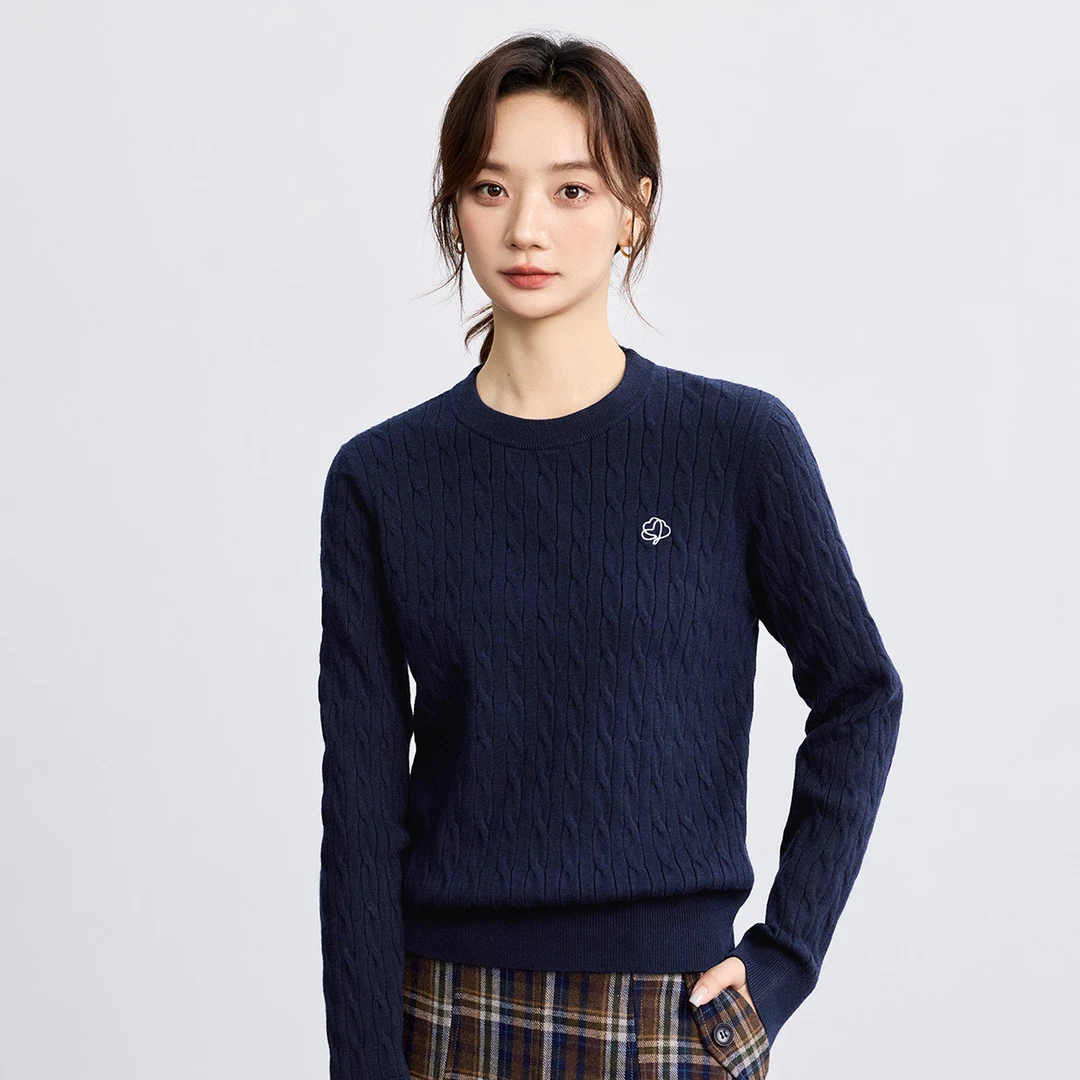 【莫瑞系穿搭】茵曼25秋季简约圆领麻花针织衫通勤百搭显瘦打底毛衣