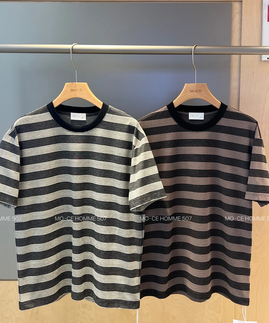 【代莹优选】507夏季新款美式休闲复古短袖条纹重磅宽松男士上衣