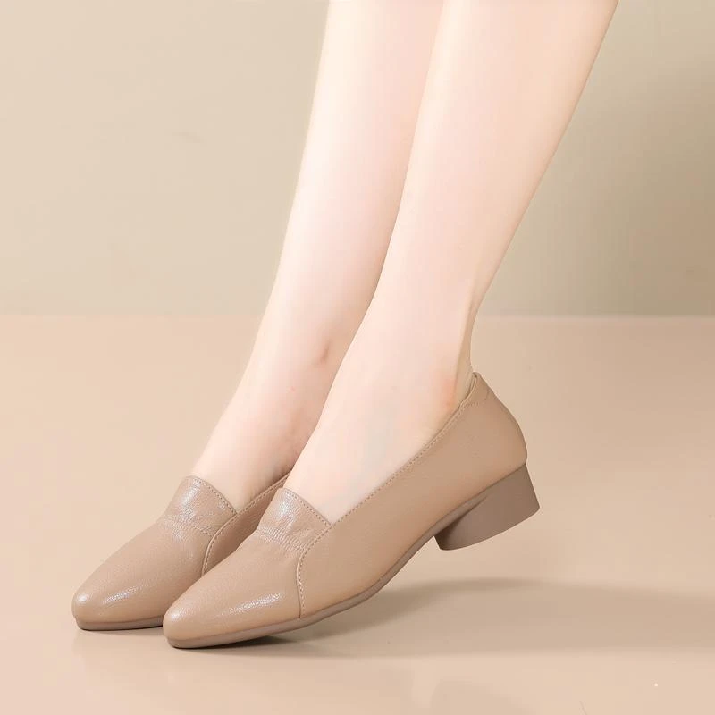 2025春季新款小单鞋低跟真皮软底一脚蹬妈妈鞋秋款女士百搭女鞋子