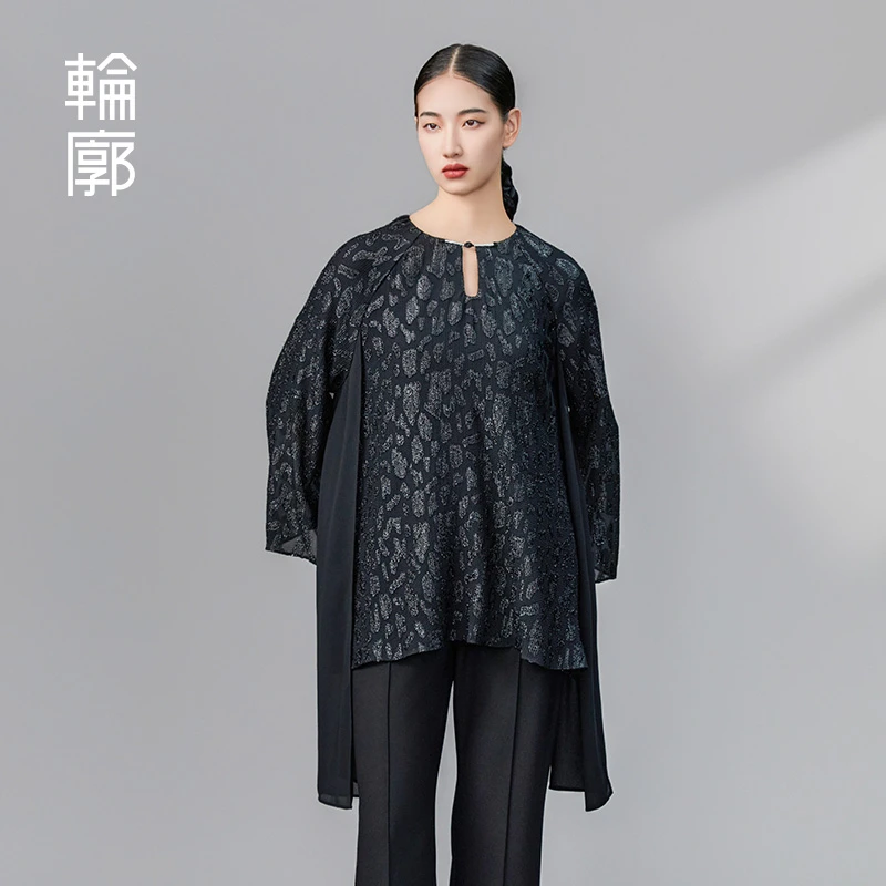 轮廓流年网纱亮丝拼接上衣原创设计复古气质宽松圆领T恤L233Y098