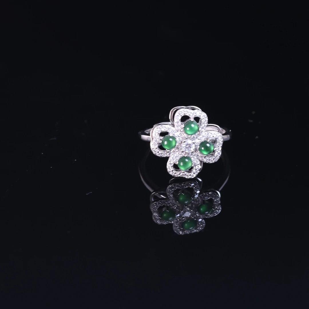 A货翡翠s925银旋转花戒指天然翡翠
