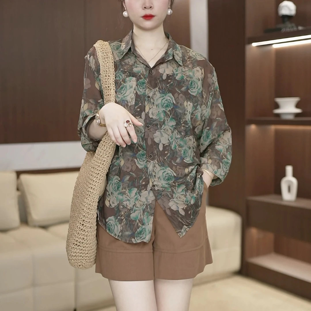 【仙果花】衬衫女夏季宽松气质印花上衣复古港味中袖防晒衬衣3065