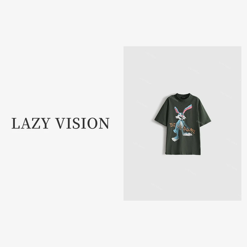 【LAZYVISION】新品设计感极简兔子印花圆领百搭T恤女ZMD-14448@